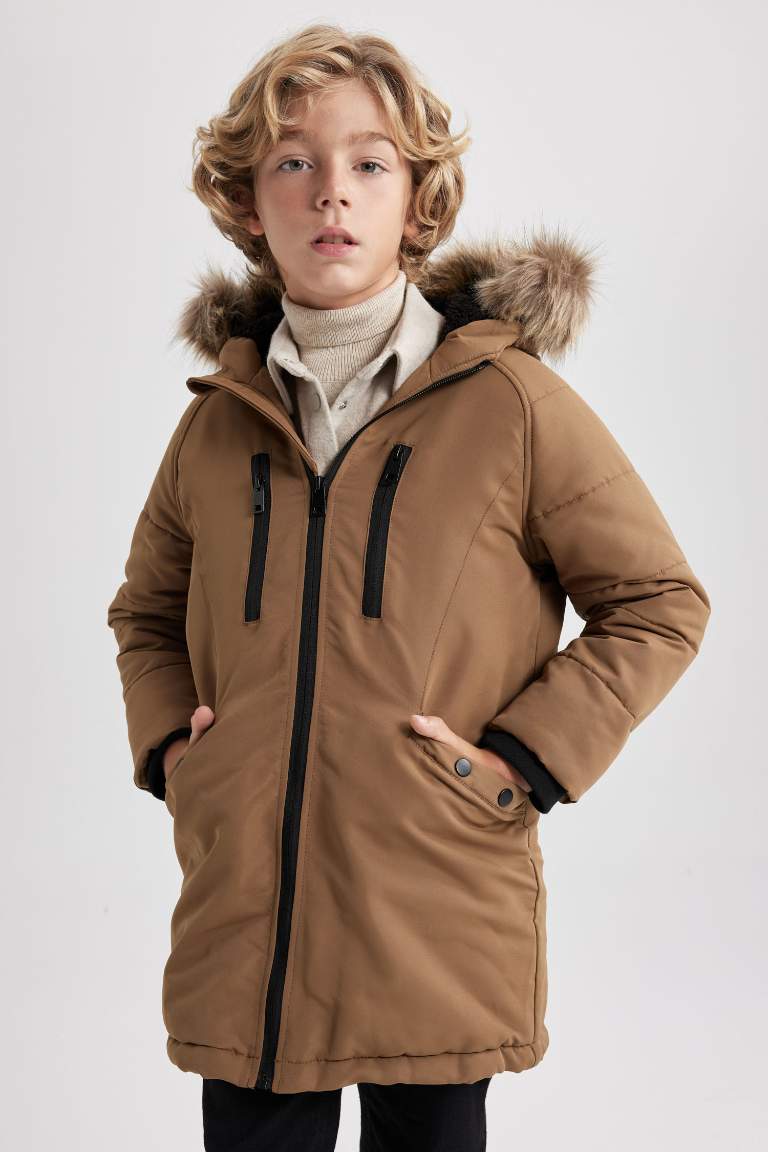 Manteau avec Capuche et Fausse Fourrure et Doublure en Peluche pour Garçon