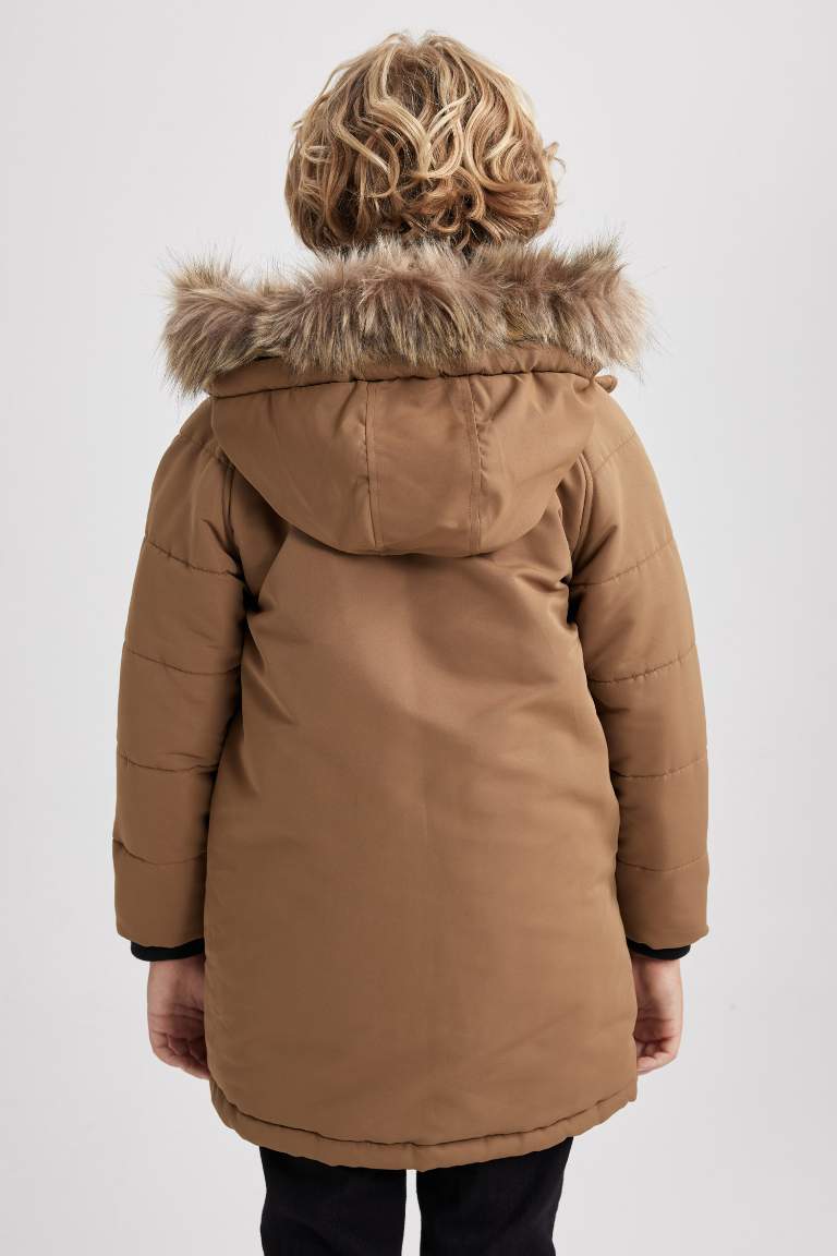 Manteau avec Capuche et Fausse Fourrure et Doublure en Peluche pour Garçon