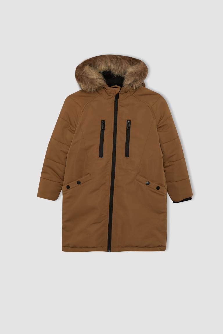 Manteau avec Capuche et Fausse Fourrure et Doublure en Peluche pour Garçon