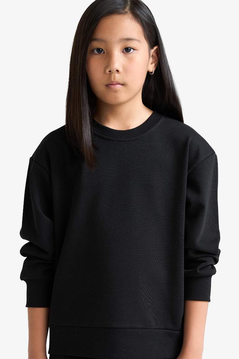 Kız Çocuk Relax Fit Bisiklet Yaka Basic Düz Sweatshirt