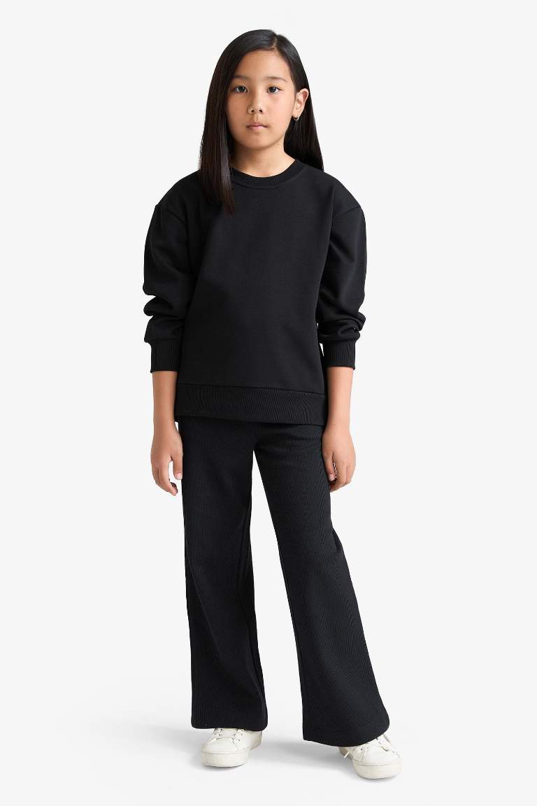 Kız Çocuk Relax Fit Bisiklet Yaka Basic Düz Sweatshirt