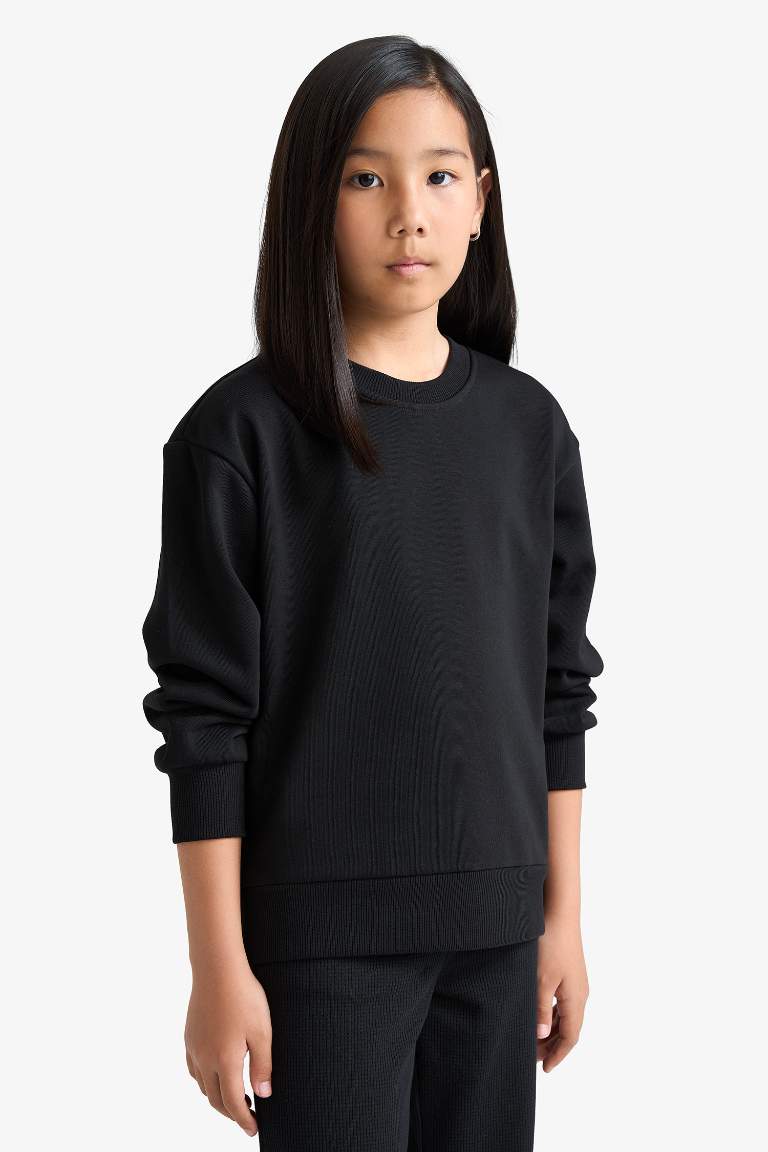 Kız Çocuk Relax Fit Bisiklet Yaka Basic Düz Sweatshirt