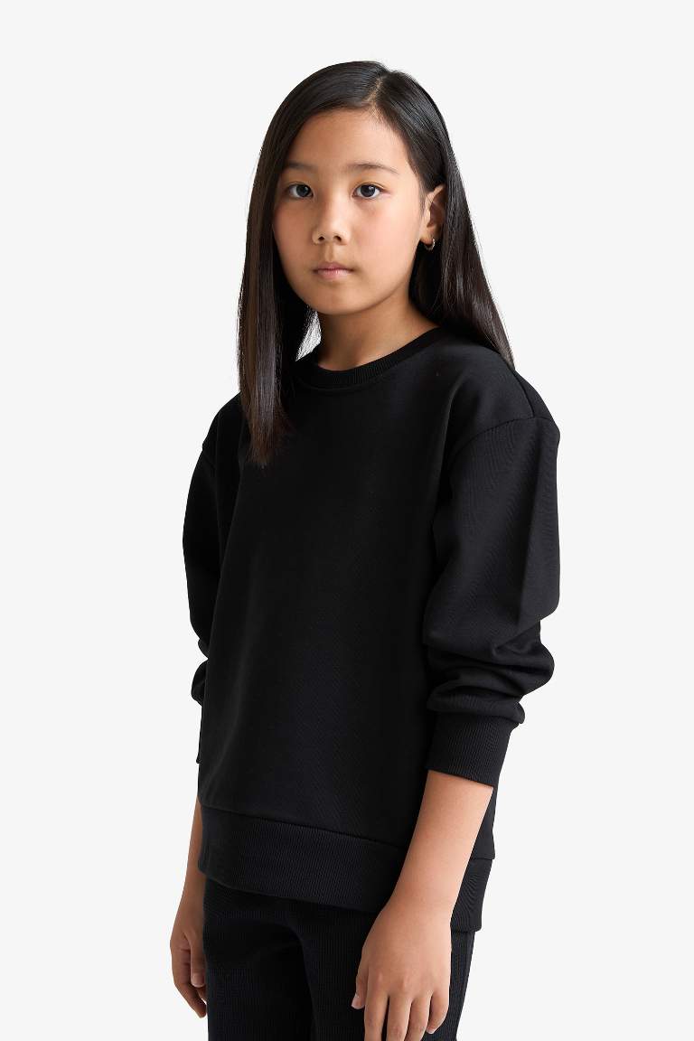 Kız Çocuk Relax Fit Bisiklet Yaka Basic Düz Sweatshirt