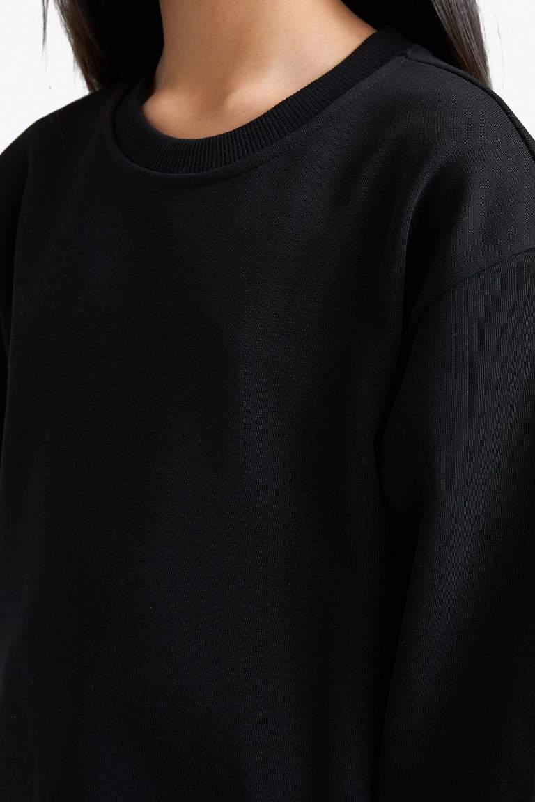 Kız Çocuk Relax Fit Bisiklet Yaka Basic Düz Sweatshirt