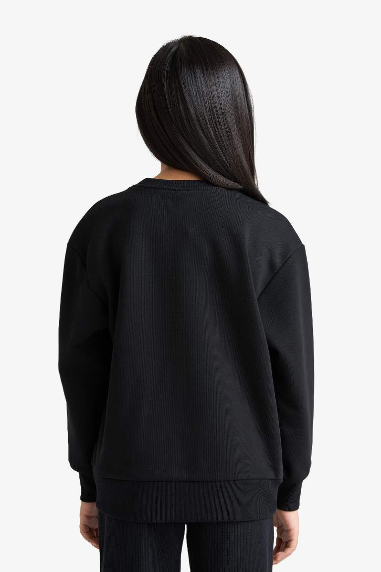 Kız Çocuk Relax Fit Bisiklet Yaka Basic Düz Sweatshirt