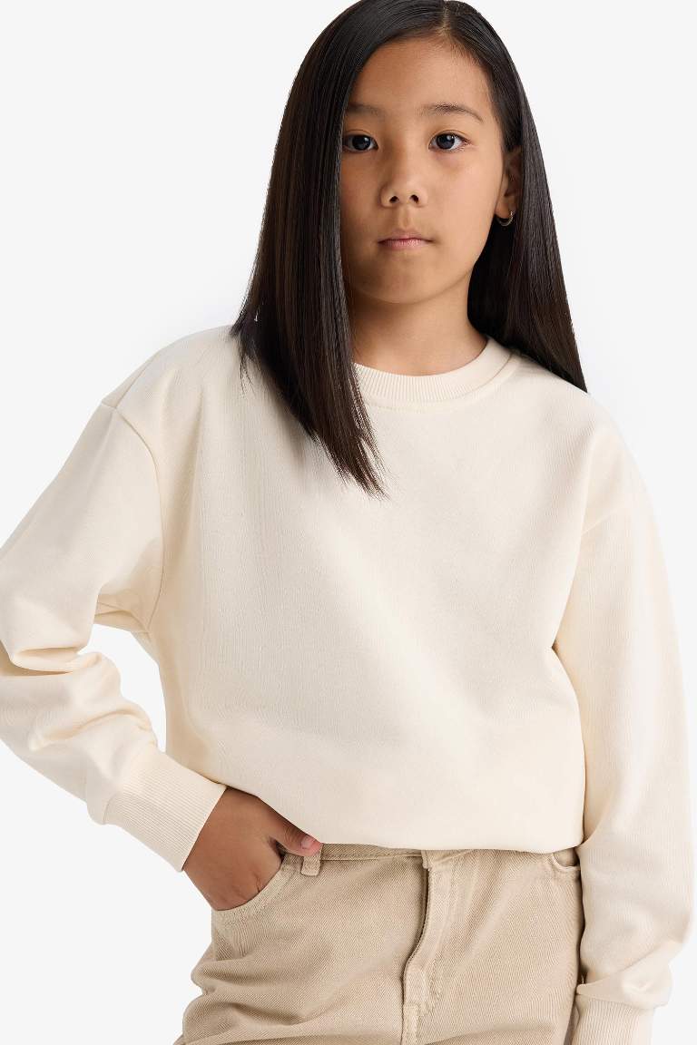 Kız Çocuk Relax Fit Bisiklet Yaka Basic Düz Sweatshirt