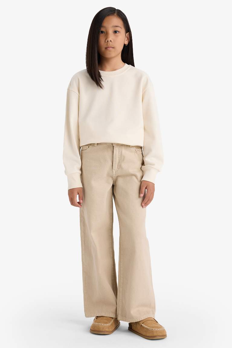 Kız Çocuk Relax Fit Bisiklet Yaka Basic Düz Sweatshirt