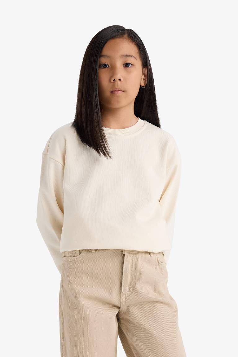 Kız Çocuk Relax Fit Bisiklet Yaka Basic Düz Sweatshirt