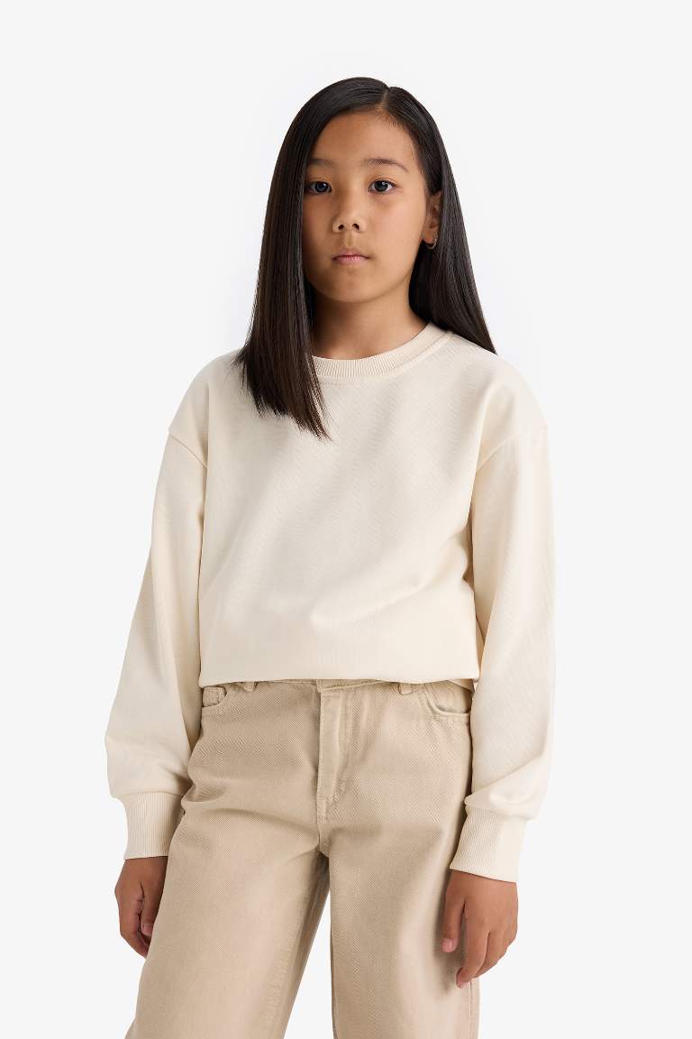 Kız Çocuk Relax Fit Bisiklet Yaka Basic Düz Sweatshirt