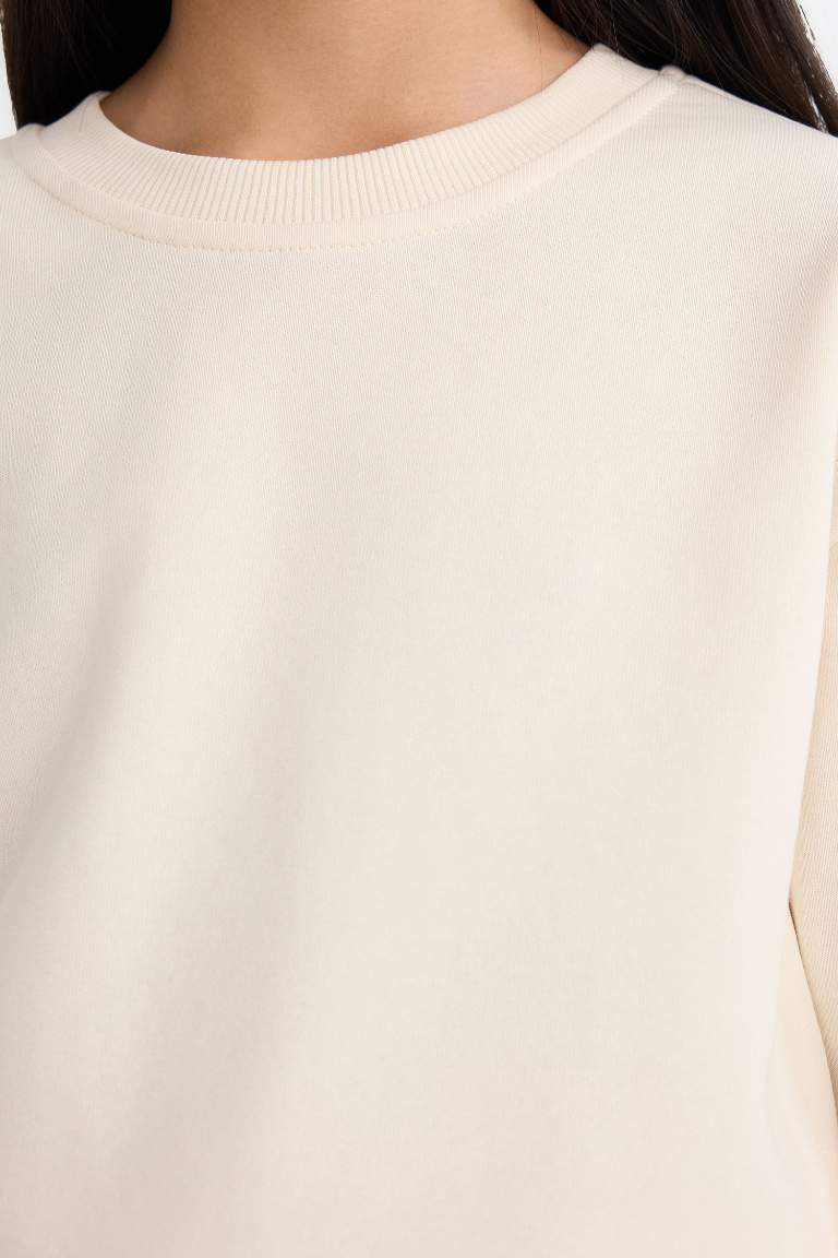 Kız Çocuk Relax Fit Bisiklet Yaka Basic Düz Sweatshirt
