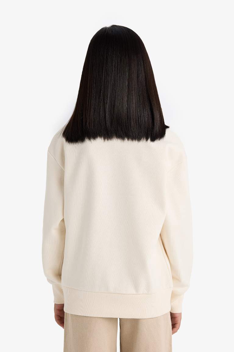 Kız Çocuk Relax Fit Bisiklet Yaka Basic Düz Sweatshirt