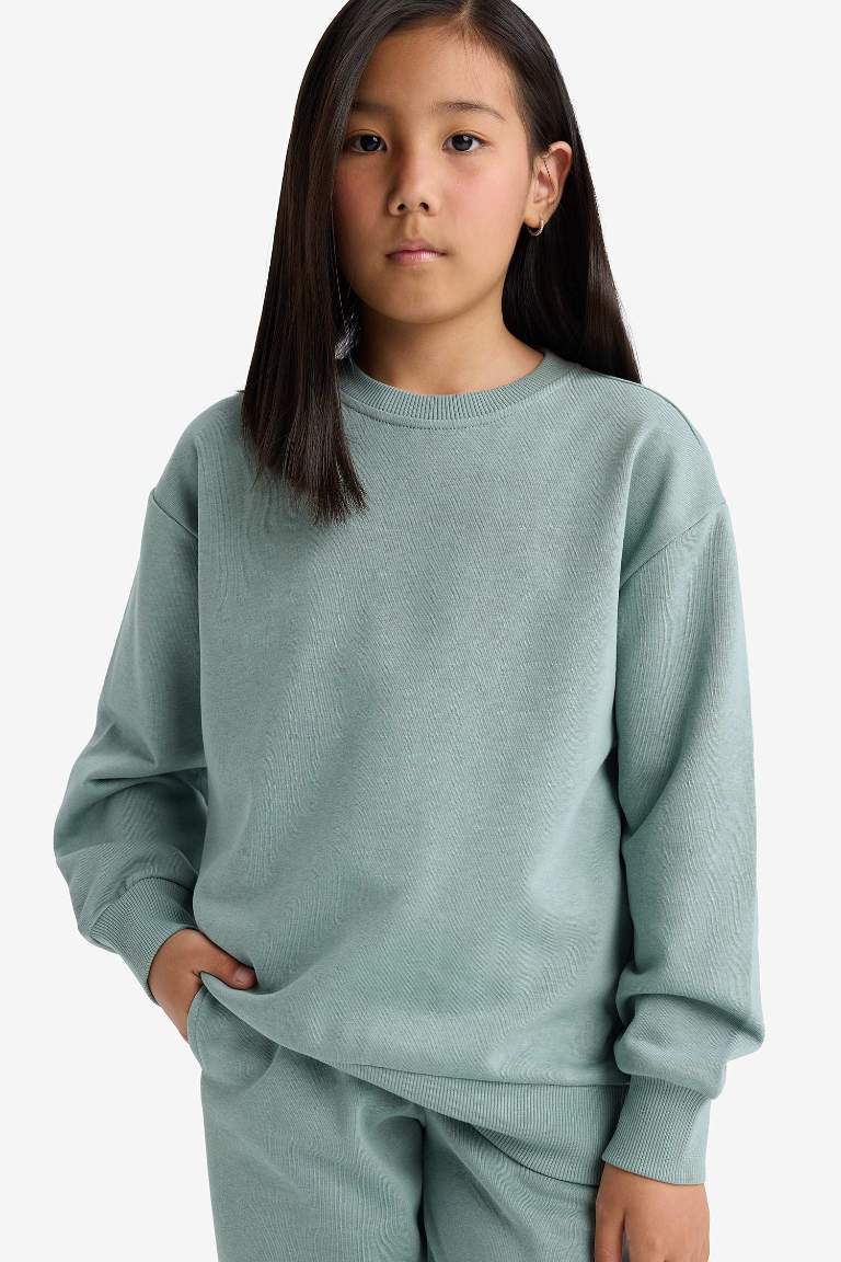 Kız Çocuk Relax Fit Bisiklet Yaka Basic Düz Sweatshirt