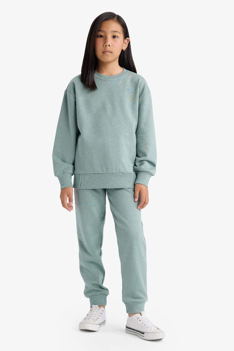 Kız Çocuk Relax Fit Bisiklet Yaka Basic Düz Sweatshirt