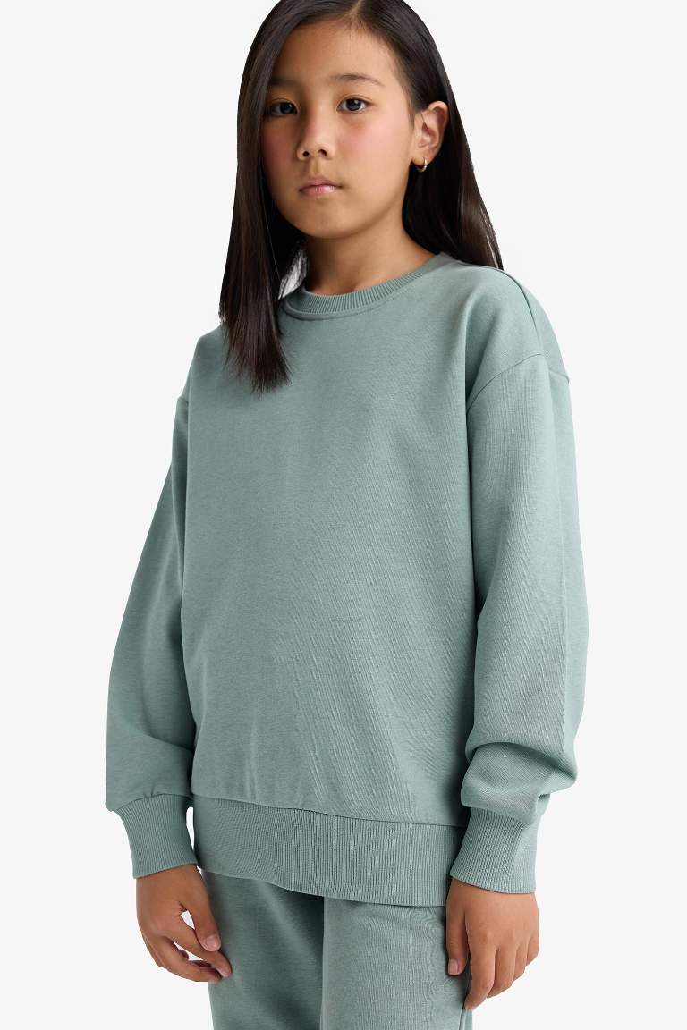Kız Çocuk Relax Fit Bisiklet Yaka Basic Düz Sweatshirt