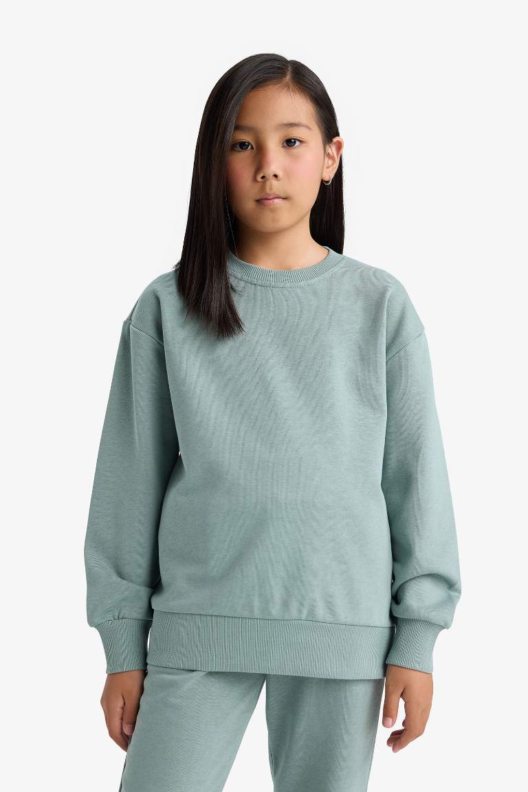 Kız Çocuk Relax Fit Bisiklet Yaka Basic Düz Sweatshirt