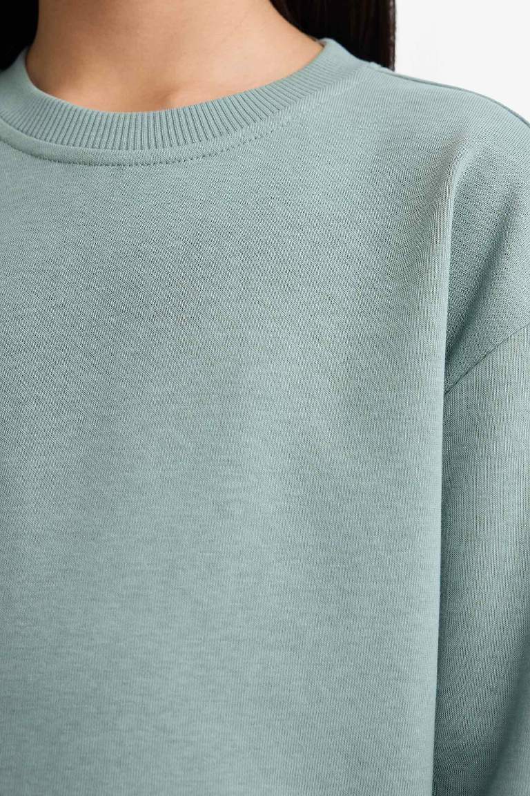 Kız Çocuk Relax Fit Bisiklet Yaka Basic Düz Sweatshirt