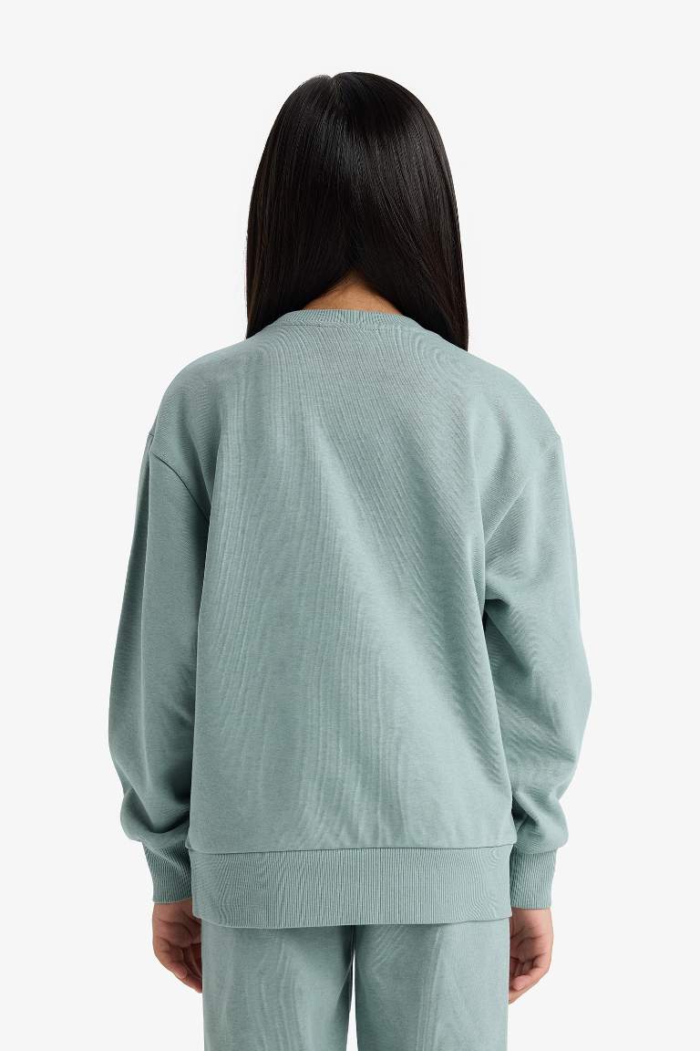 Kız Çocuk Relax Fit Bisiklet Yaka Basic Düz Sweatshirt