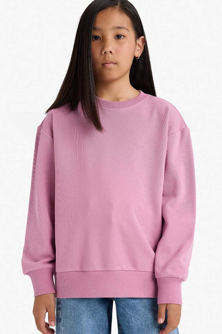Kız Çocuk Relax Fit Bisiklet Yaka Basic Düz Sweatshirt