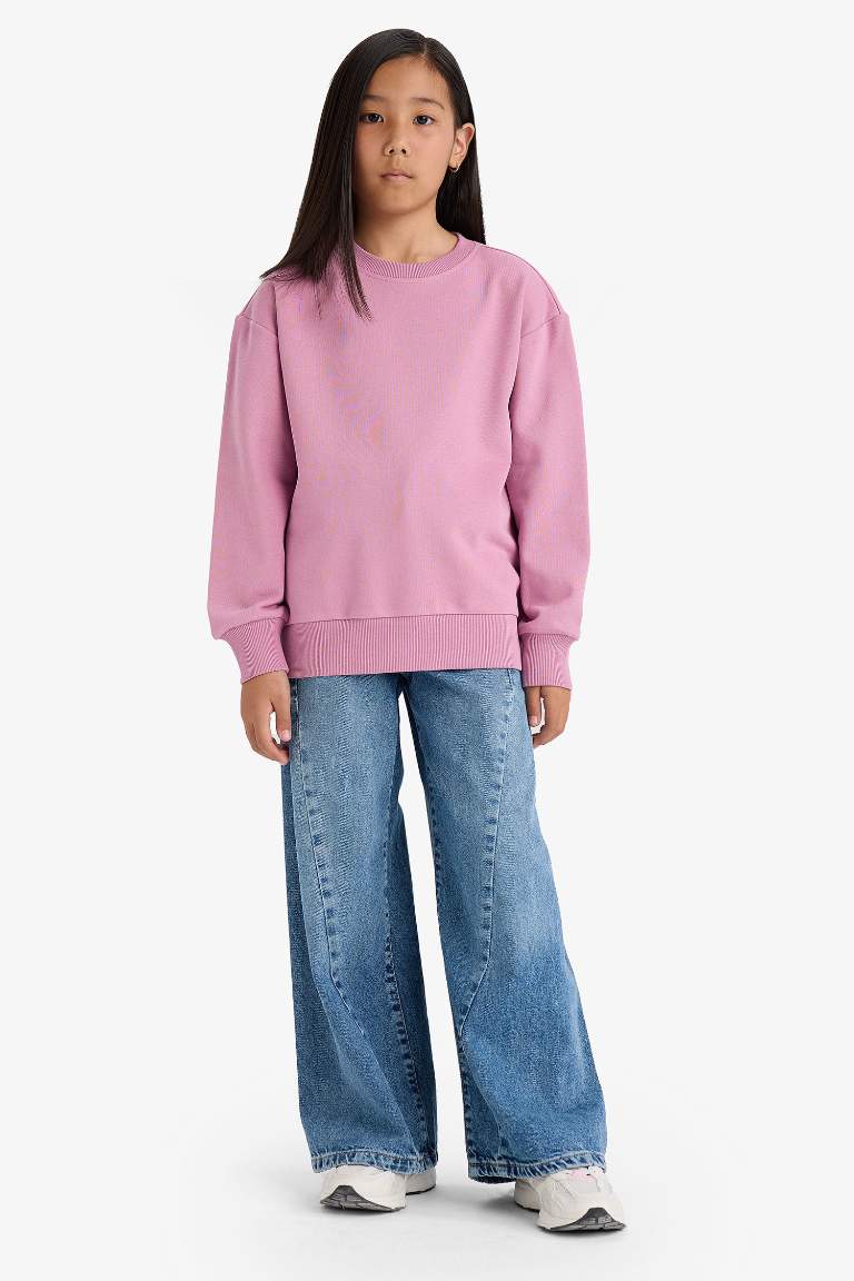Kız Çocuk Relax Fit Bisiklet Yaka Basic Düz Sweatshirt