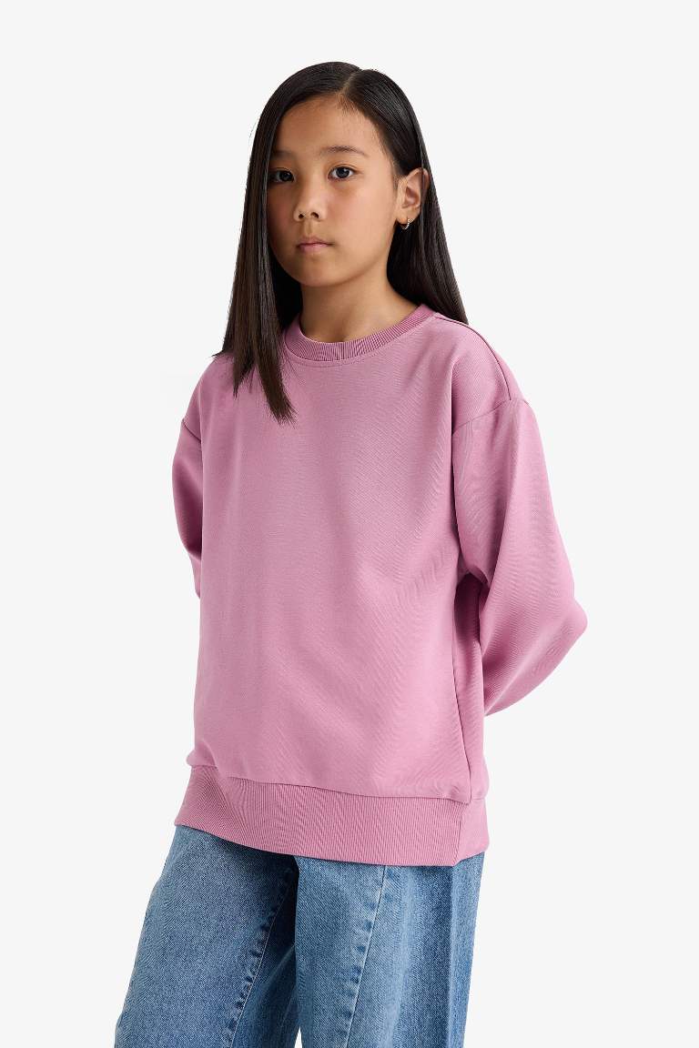 Kız Çocuk Relax Fit Bisiklet Yaka Basic Düz Sweatshirt