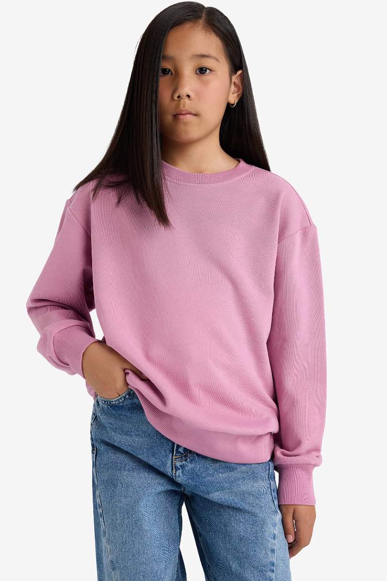 Kız Çocuk Relax Fit Bisiklet Yaka Basic Düz Sweatshirt
