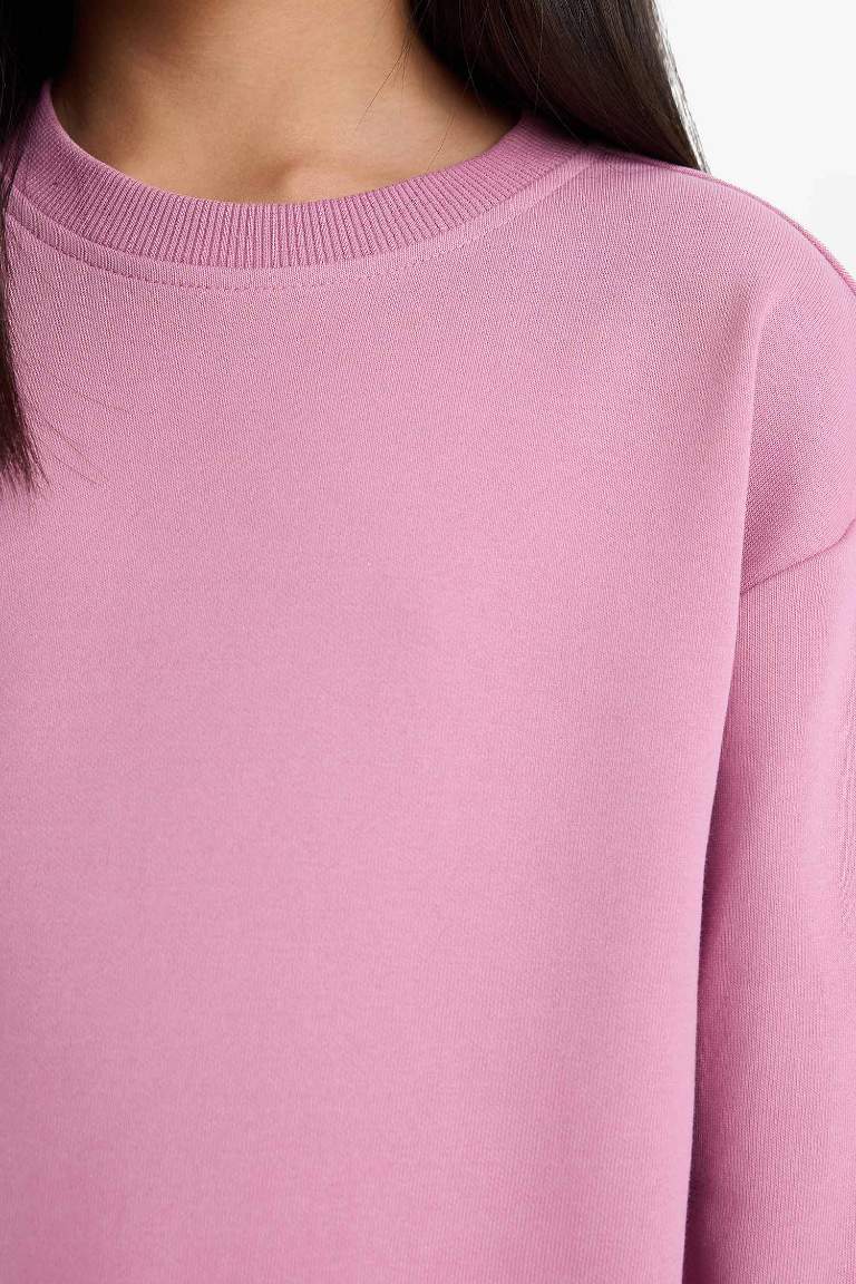 Kız Çocuk Relax Fit Bisiklet Yaka Basic Düz Sweatshirt
