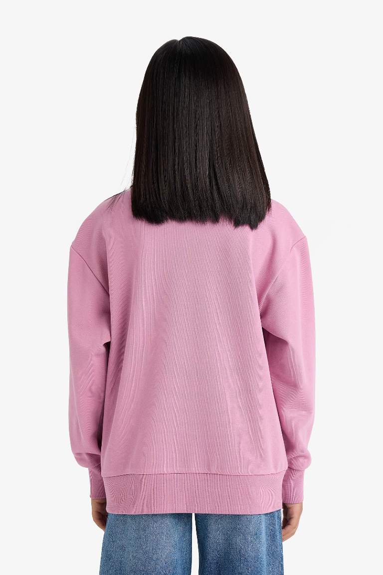 Kız Çocuk Relax Fit Bisiklet Yaka Basic Düz Sweatshirt