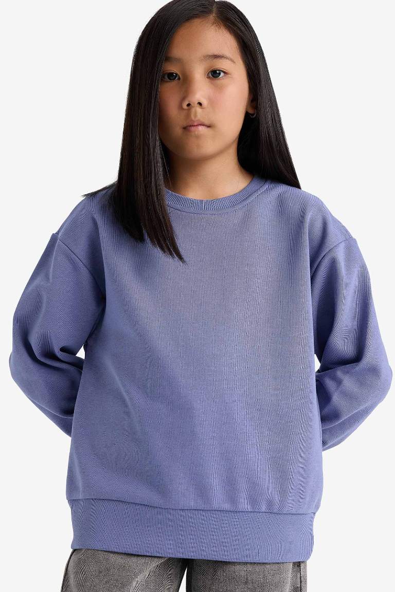 Kız Çocuk Relax Fit Bisiklet Yaka Basic Düz Sweatshirt