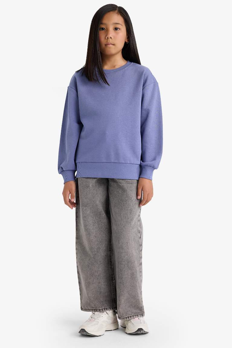 Kız Çocuk Relax Fit Bisiklet Yaka Basic Düz Sweatshirt