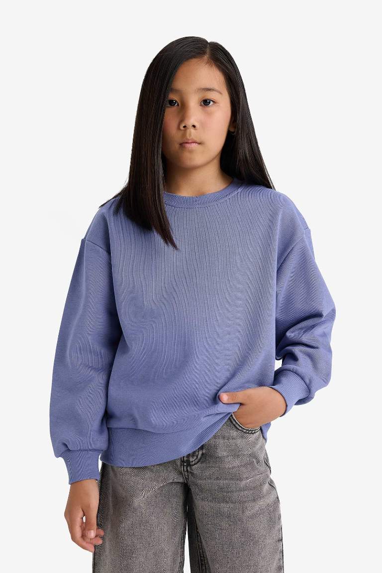 Kız Çocuk Relax Fit Bisiklet Yaka Basic Düz Sweatshirt