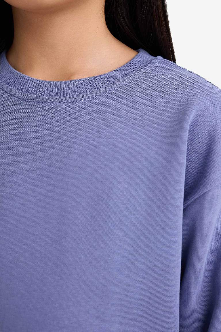 Kız Çocuk Relax Fit Bisiklet Yaka Basic Düz Sweatshirt