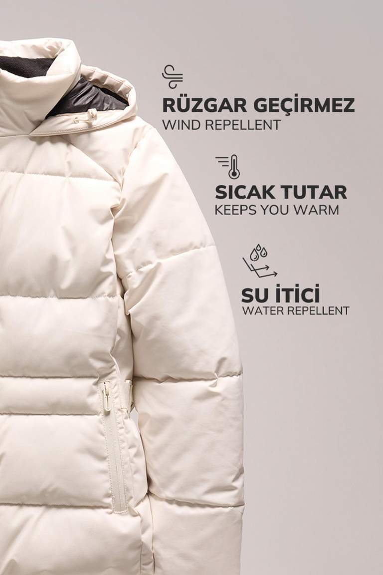 Su İtici Puffer Şişme Mont Rüzgar Geçirmez Kapüşonlu İçi Suni Kürklü Kapitoneli Kemerli Hafif Uzun