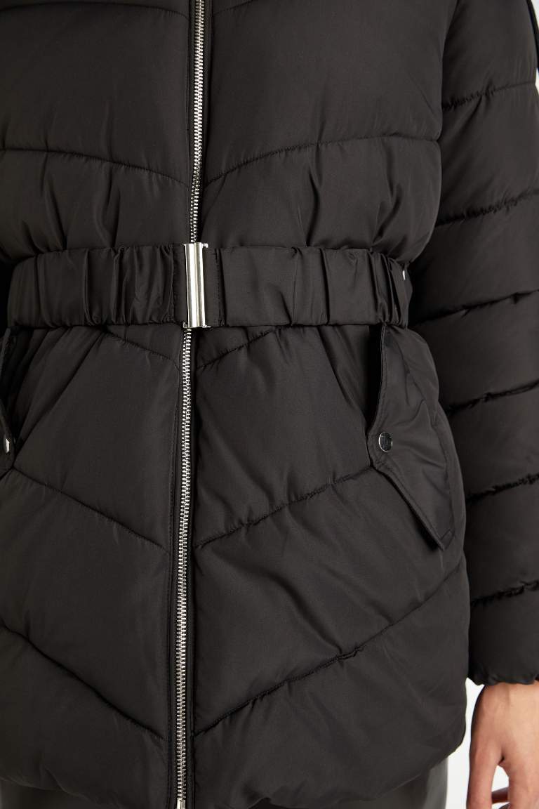 Waterproof Regular Fit Hooded Faux Fur Inside Belted Light Long Puffer Jacket