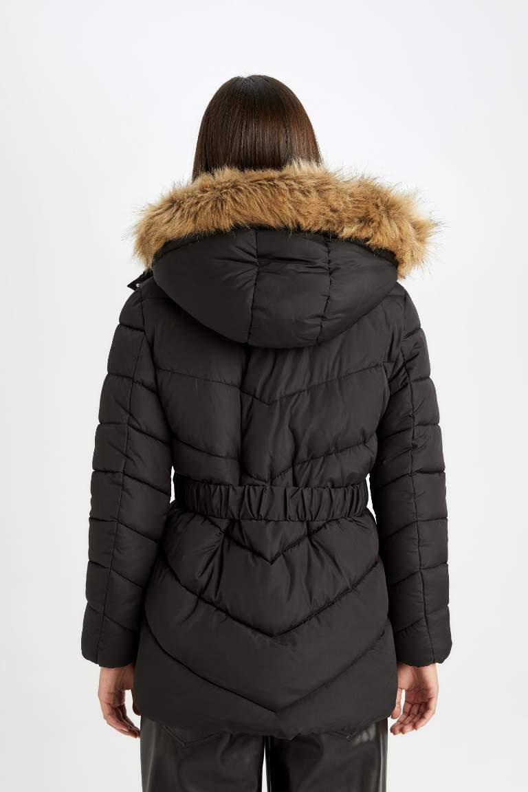 Waterproof Regular Fit Hooded Faux Fur Inside Belted Light Long Puffer Jacket