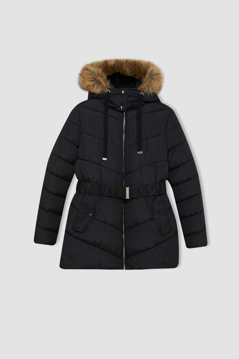 Waterproof Regular Fit Hooded Faux Fur Inside Belted Light Long Puffer Jacket