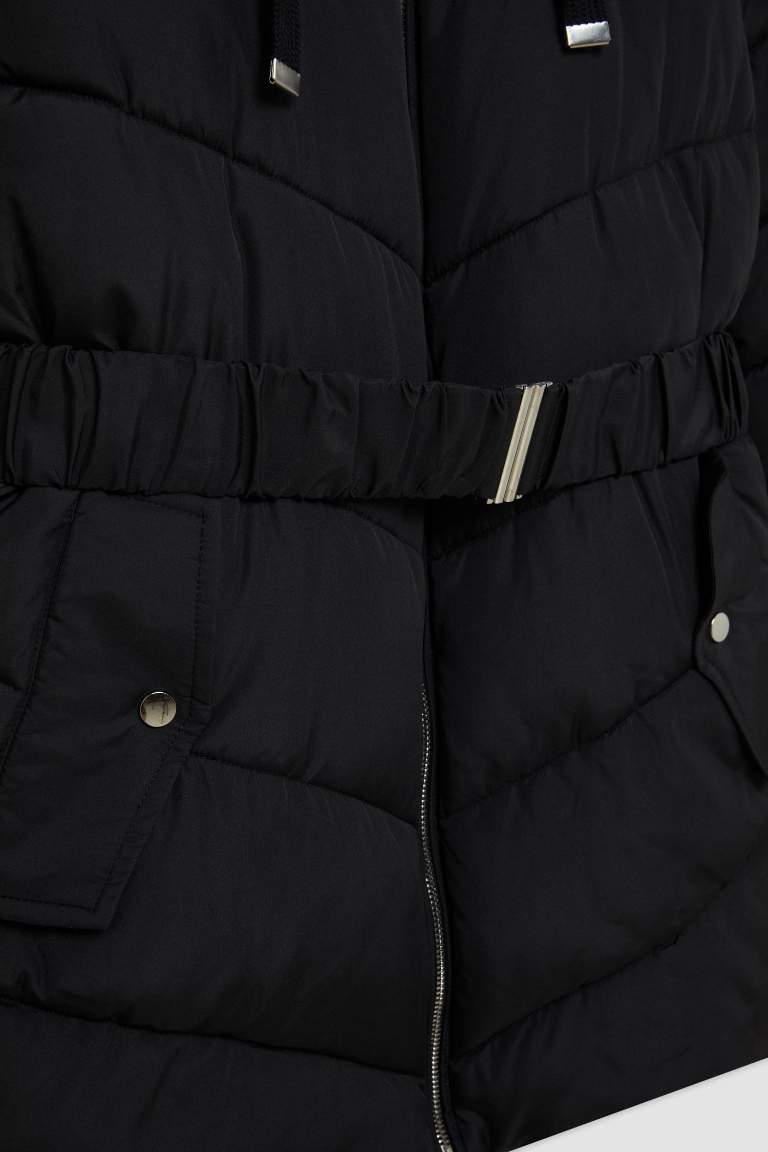 Waterproof Regular Fit Hooded Faux Fur Inside Belted Light Long Puffer Jacket
