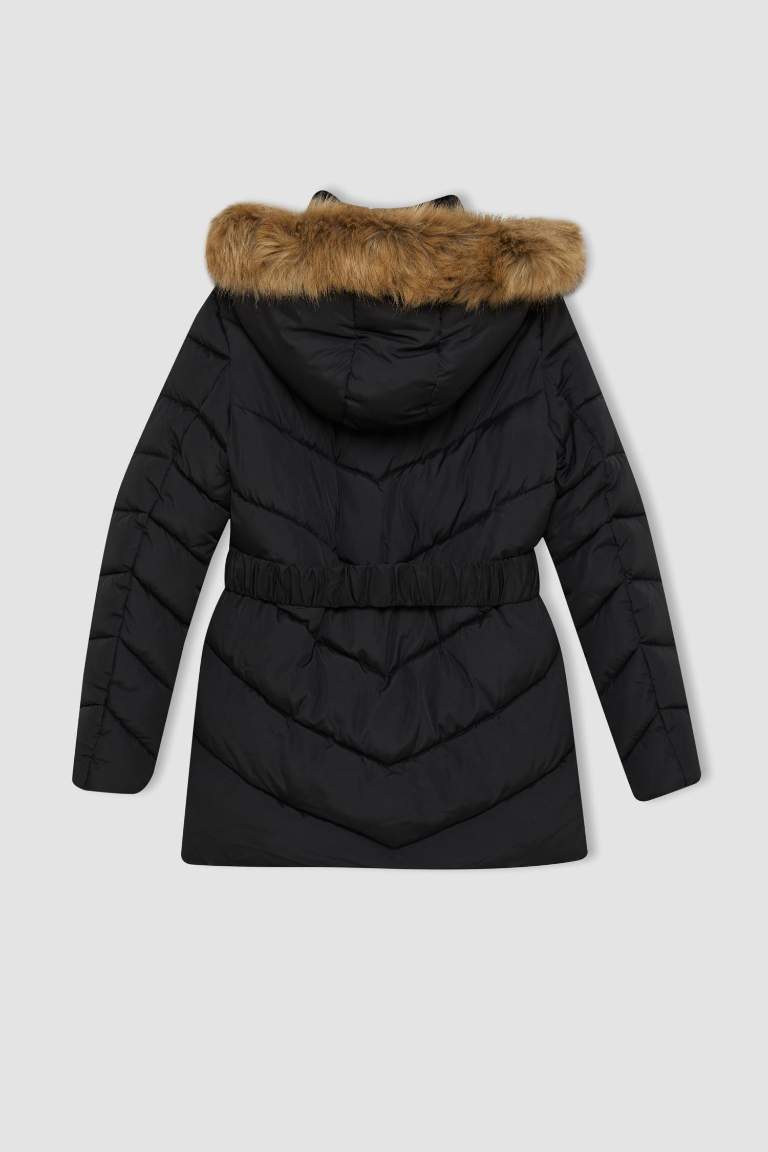 Waterproof Regular Fit Hooded Faux Fur Inside Belted Light Long Puffer Jacket