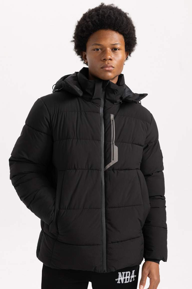 DeFactoFit Su İtici Şişme Mont Slim Fit Dar Kesim Kapüşonlu Fermuarlı Cepli