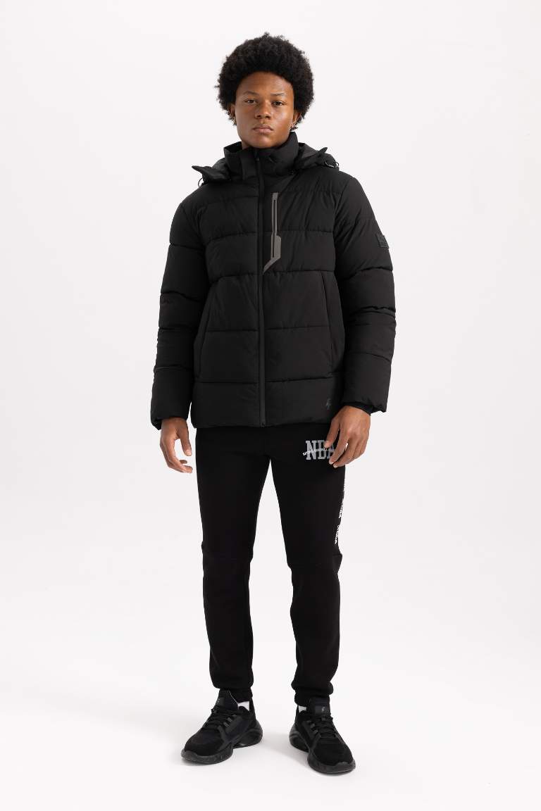 DeFactoFit Su İtici Şişme Mont Slim Fit Dar Kesim Kapüşonlu Fermuarlı Cepli