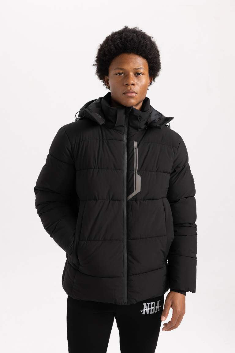 DeFactoFit Su İtici Şişme Mont Slim Fit Dar Kesim Kapüşonlu Fermuarlı Cepli