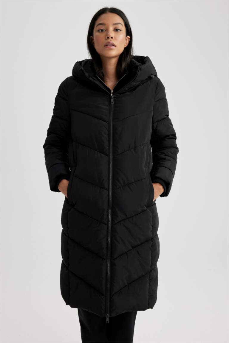 Waterproof Regular Fit Hooded Puffer Long Jacket