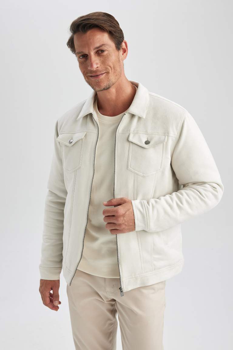Slim Fit Dar Kesim Gömlek Yaka Fermuarlı Süet Mont