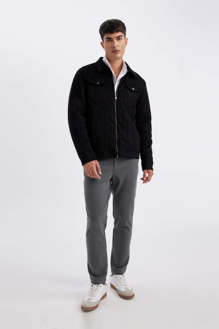 Slim Fit Dar Kesim Gömlek Yaka Fermuarlı Süet Ceket Mont