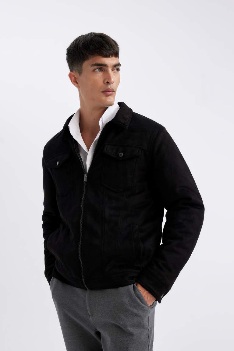 Slim Fit Dar Kesim Gömlek Yaka Fermuarlı Süet Ceket Mont