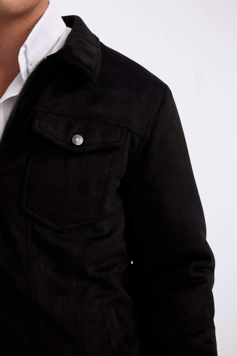Slim Fit Dar Kesim Gömlek Yaka Fermuarlı Süet Ceket Mont