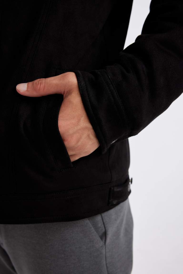 Slim Fit Dar Kesim Gömlek Yaka Fermuarlı Süet Ceket Mont