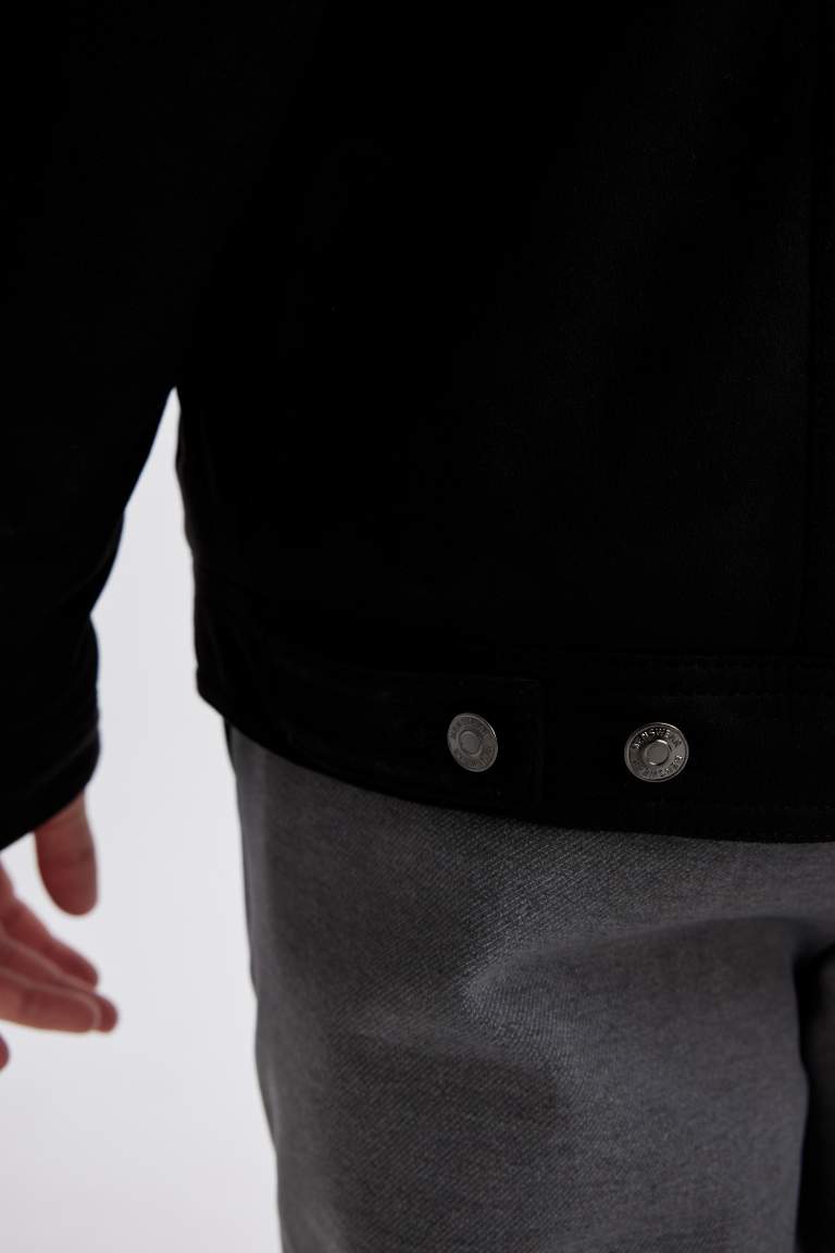 Slim Fit Dar Kesim Gömlek Yaka Fermuarlı Süet Ceket Mont