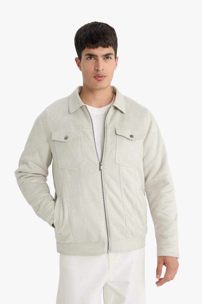 Slim Fit Dar Kesim Gömlek Yaka Fermuarlı İç Cepli Süet Mevsimlik Baharlık Ceket Mont