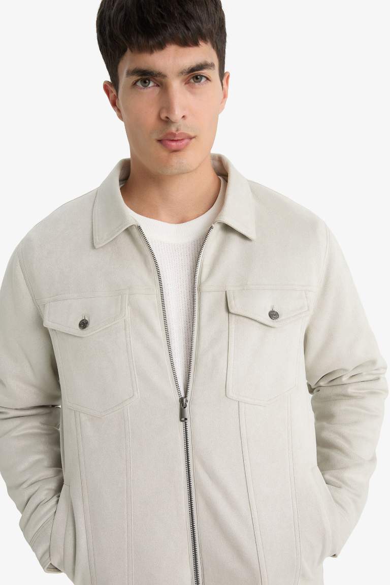 Slim Fit Dar Kesim Gömlek Yaka Fermuarlı İç Cepli Süet Mevsimlik Baharlık Ceket Mont
