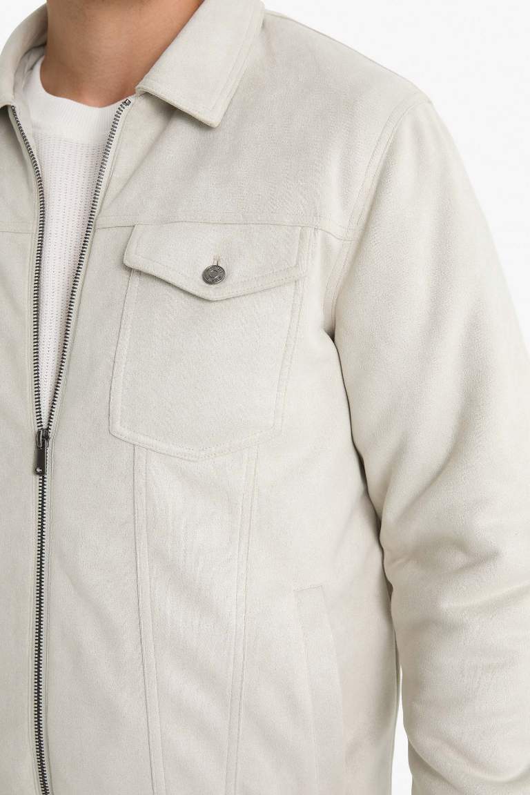 Slim Fit Dar Kesim Gömlek Yaka Fermuarlı İç Cepli Süet Mevsimlik Baharlık Ceket Mont